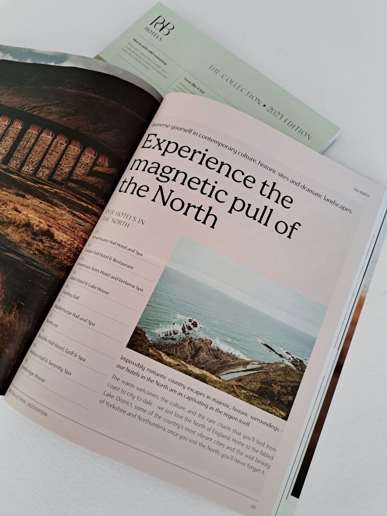 Open magazine with headline 