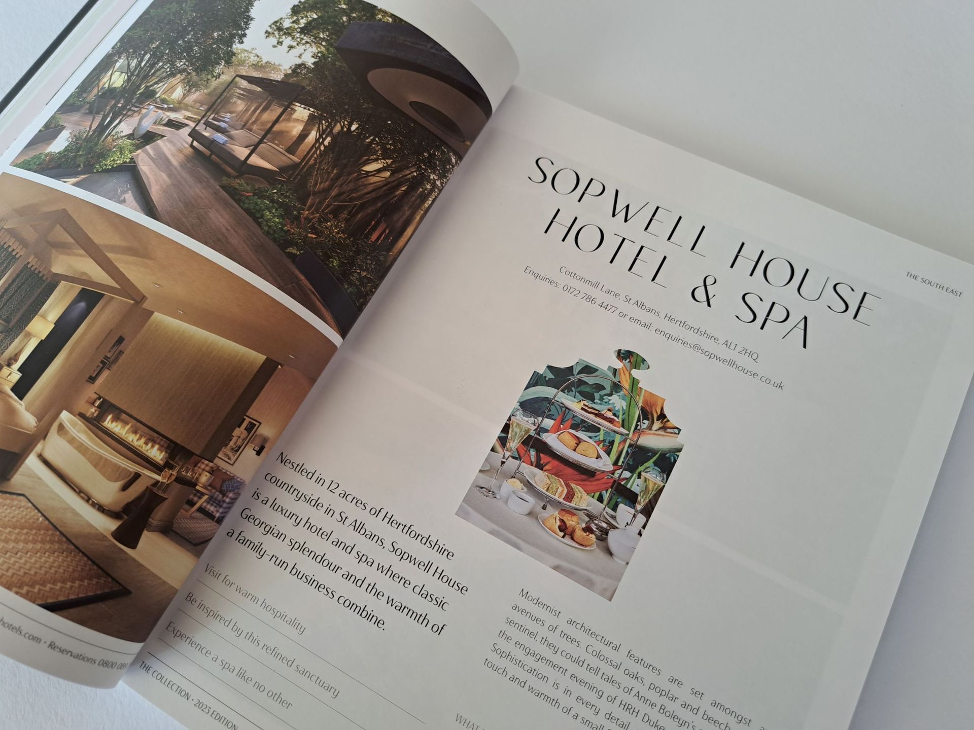 Open magazine spread showcasing Sopwell House Hotel & Spa with photos and text.