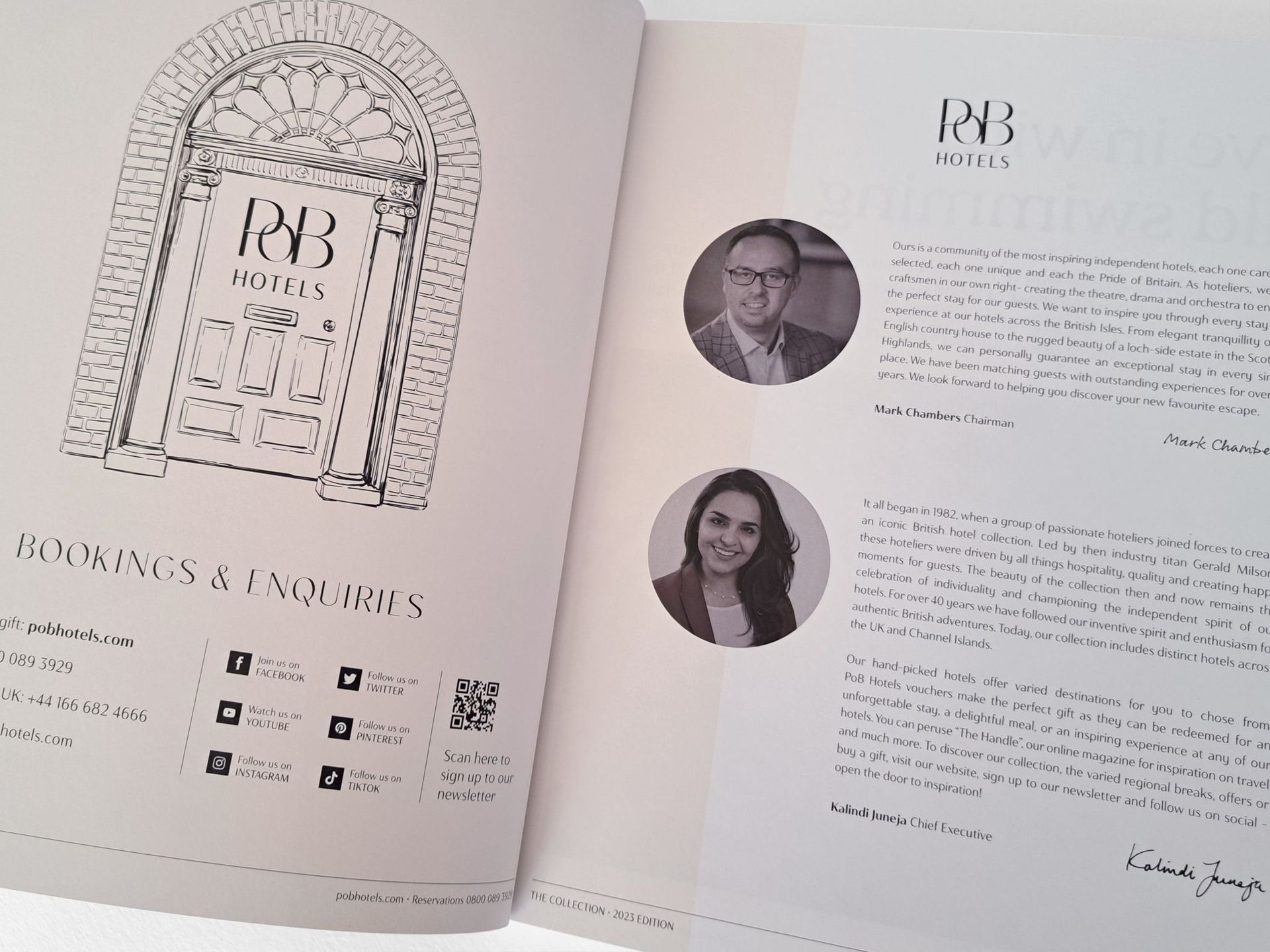 Open book with logo, contact info, and two circular headshots.