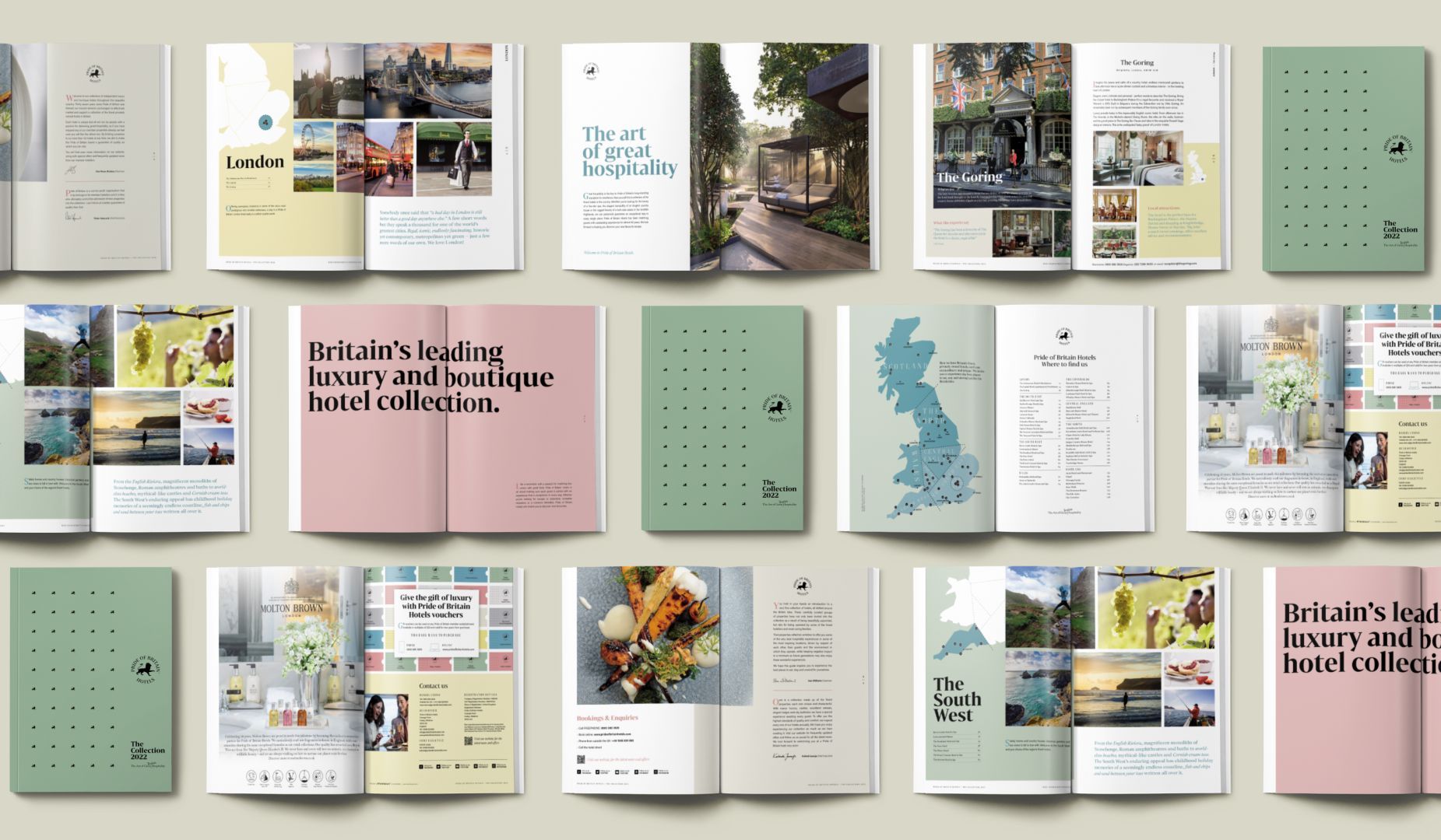 Brochure spread with photographs, text, and graphics in various layouts; mostly pink and green tones.