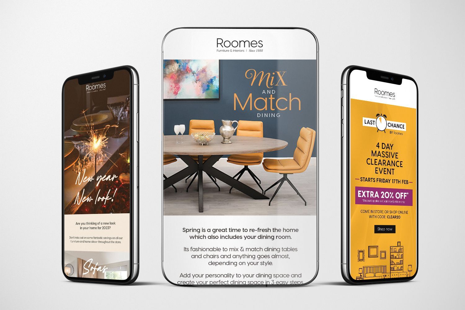 Three smartphones displaying furniture advertisements: mix and match dining sets, chandeliers, and other room decor.