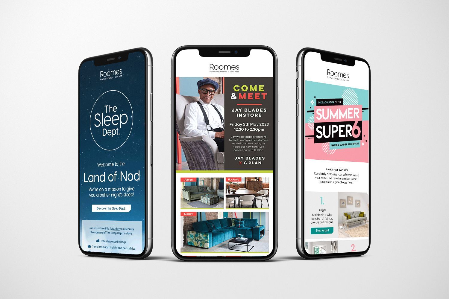 Three smartphones displaying promotional emails for furniture, sleep products, and summer sales.