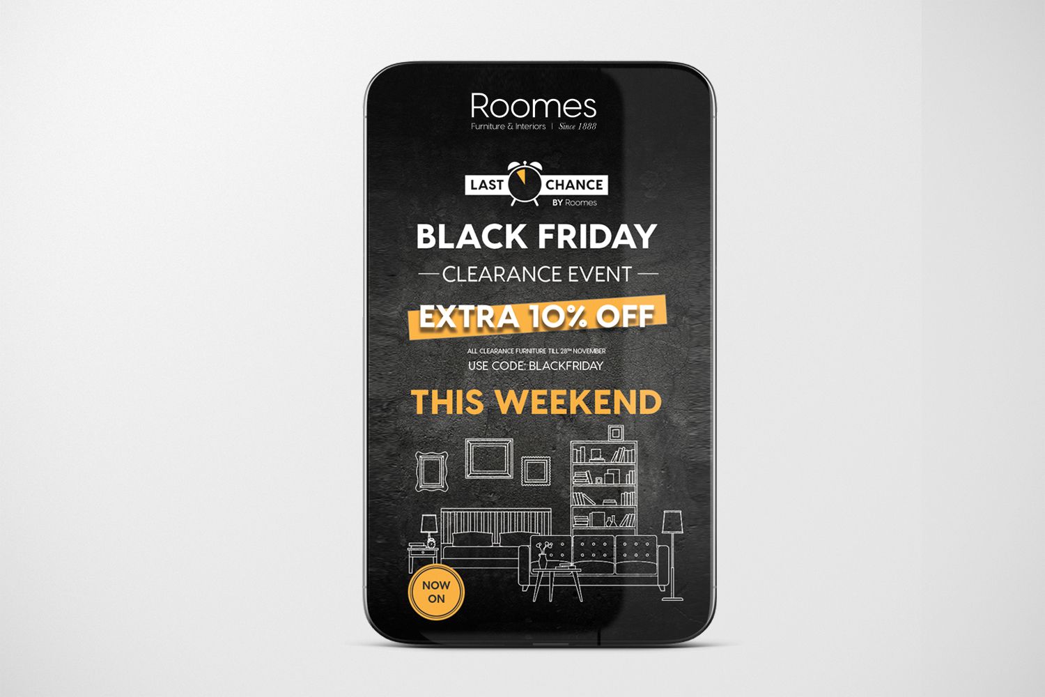 Black Friday furniture sale ad with extra 10% off. Dark background with furniture illustrations.