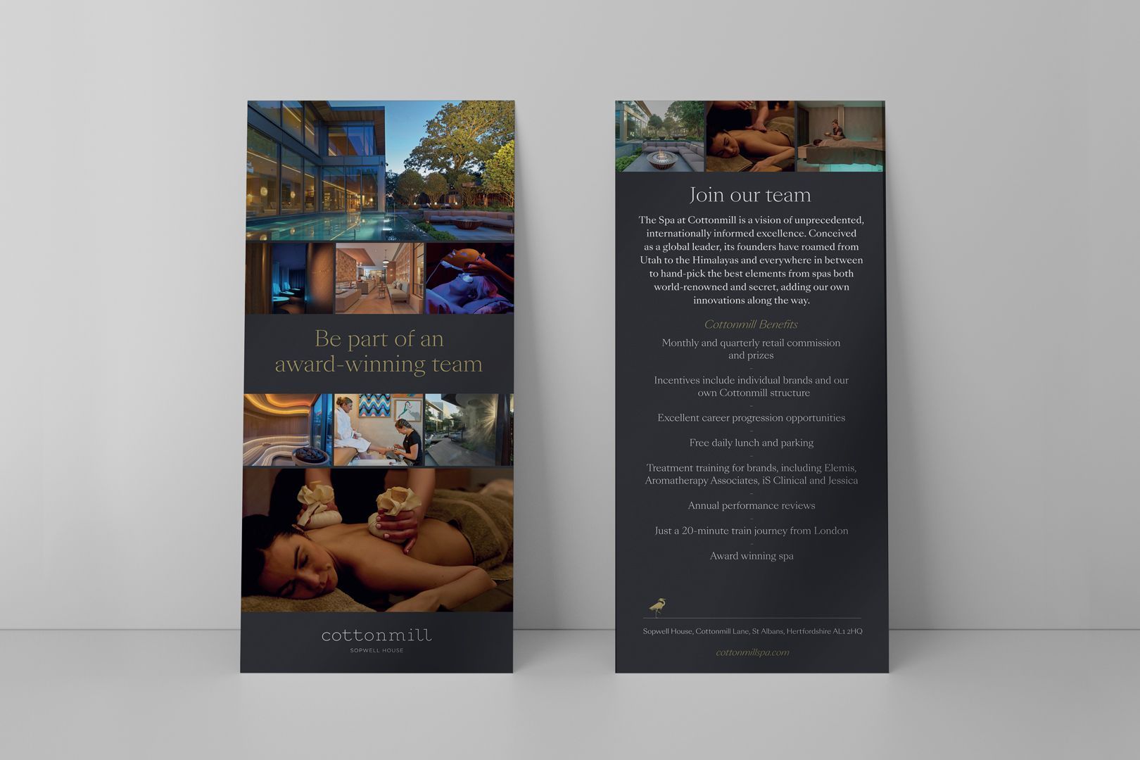 Brochure: dark gray, spa, photos of treatments and facility. Text promoting services.