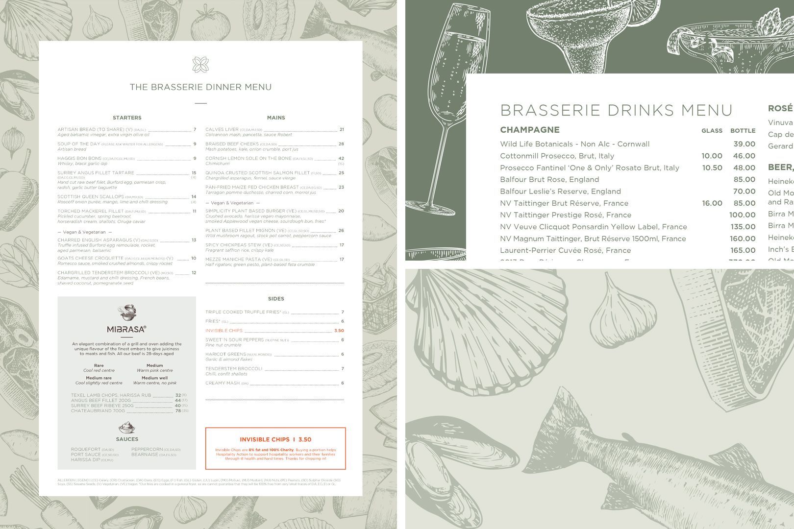 Restaurant menu with text on a white background, cocktail menu, and sea-themed background pattern.