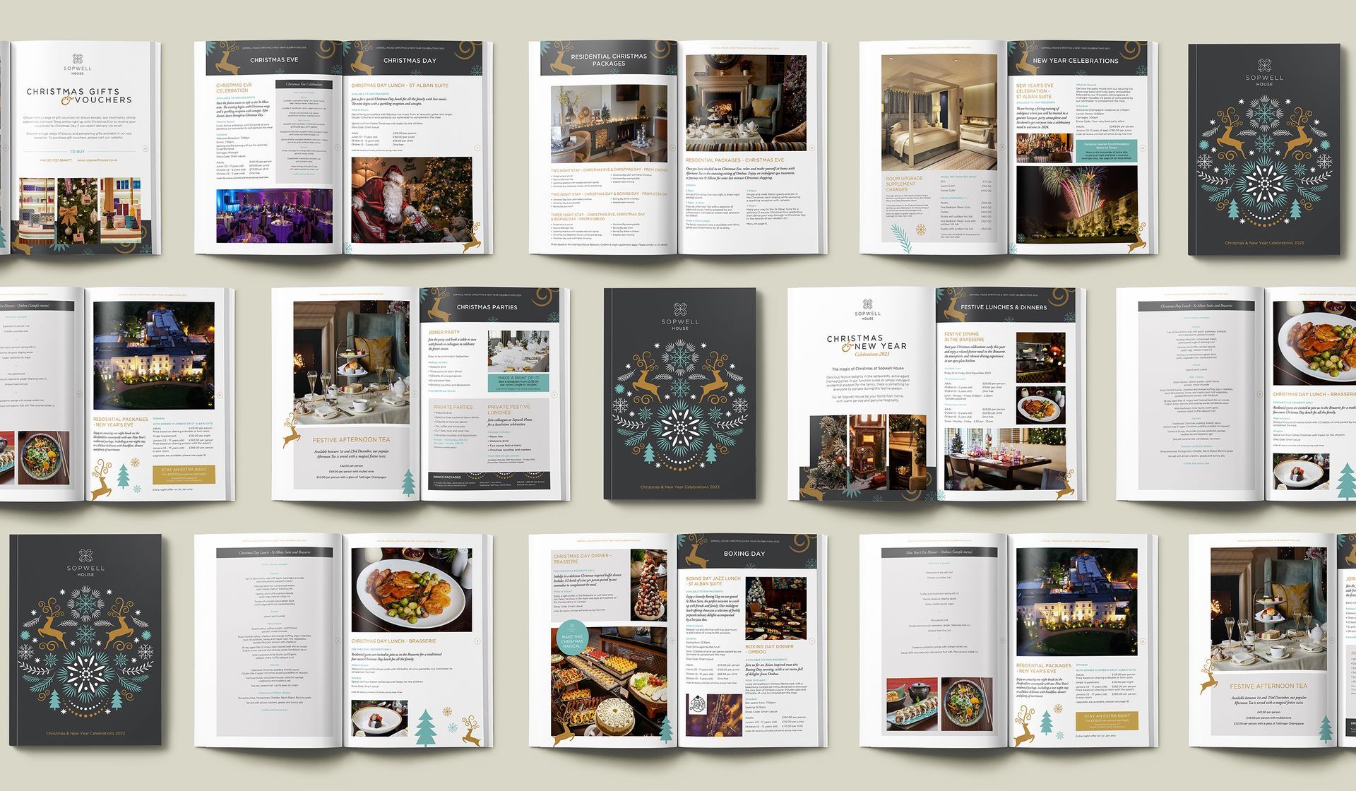 Layout of an open brochure with photos of events and menu items. Dark gray cover with a white floral design.