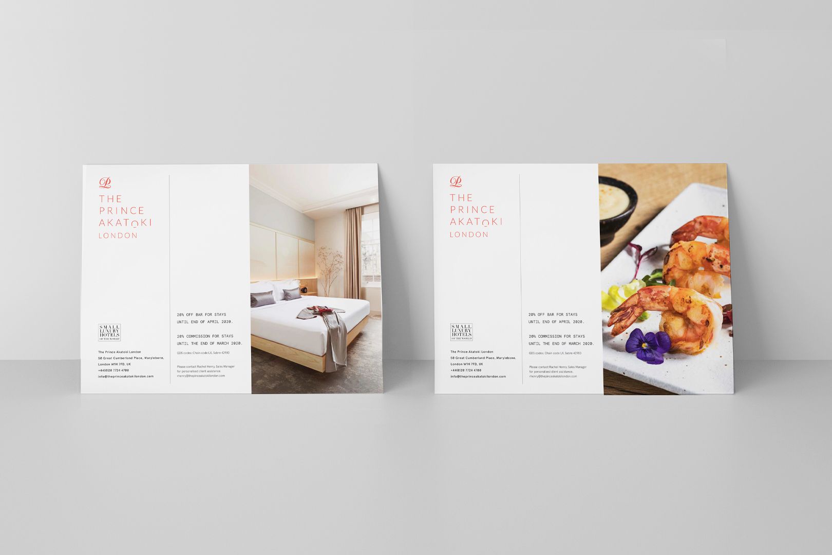 Two white brochures; one with a hotel room photo, one with a seafood dish. Red text, modern design.
