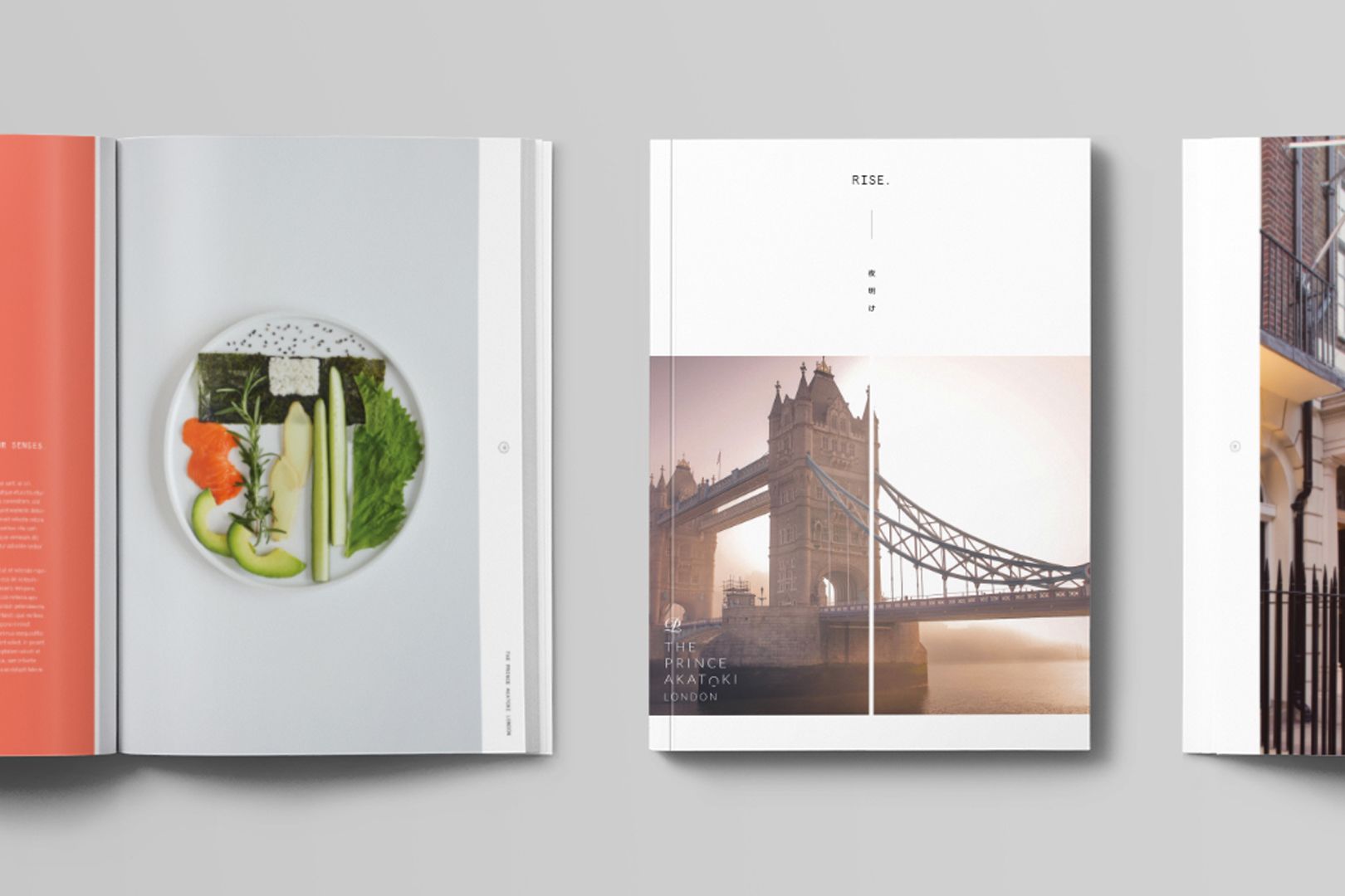 Pages from an open book with food, London Bridge, and building photos.