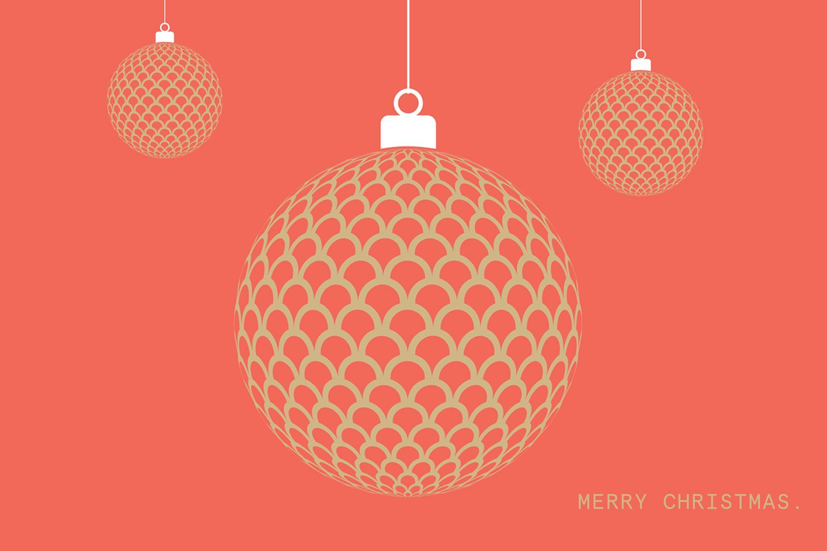 Three gold Christmas ornaments on a coral background, with