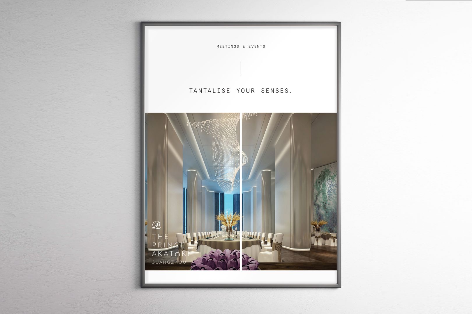 Poster of a formal dining room with a long table and chandelier, framed on a white wall.