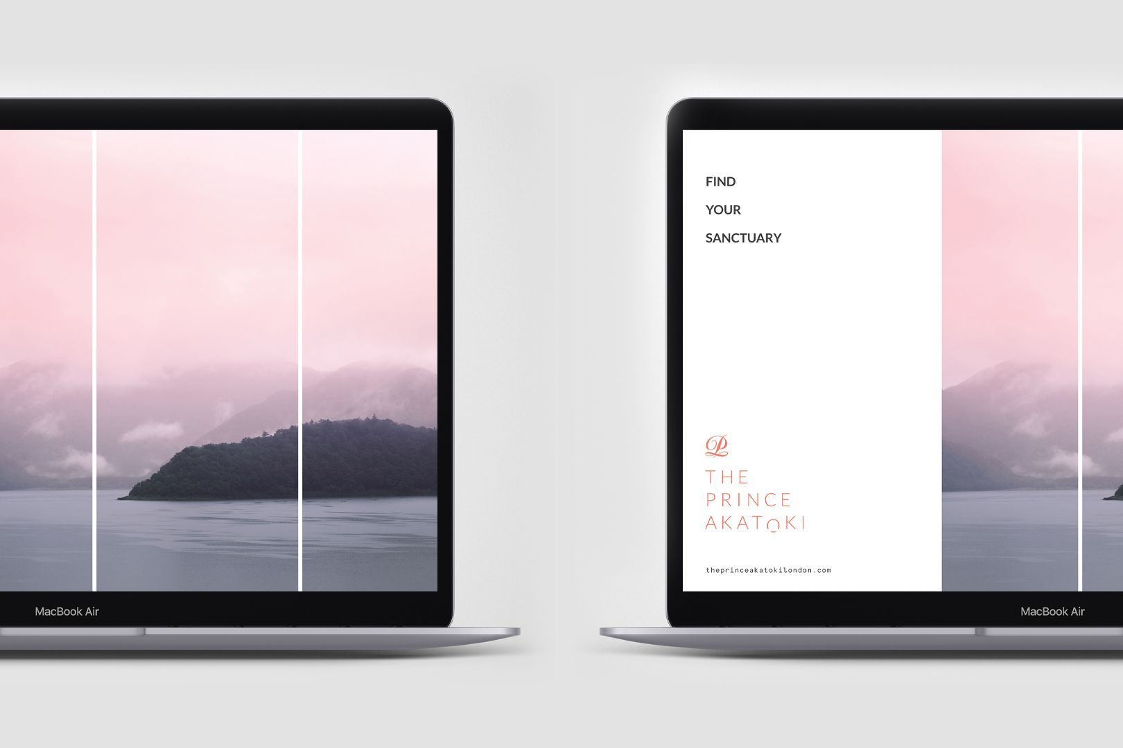 Two laptops side-by-side, displaying a website with a nature scene and text on a white background.