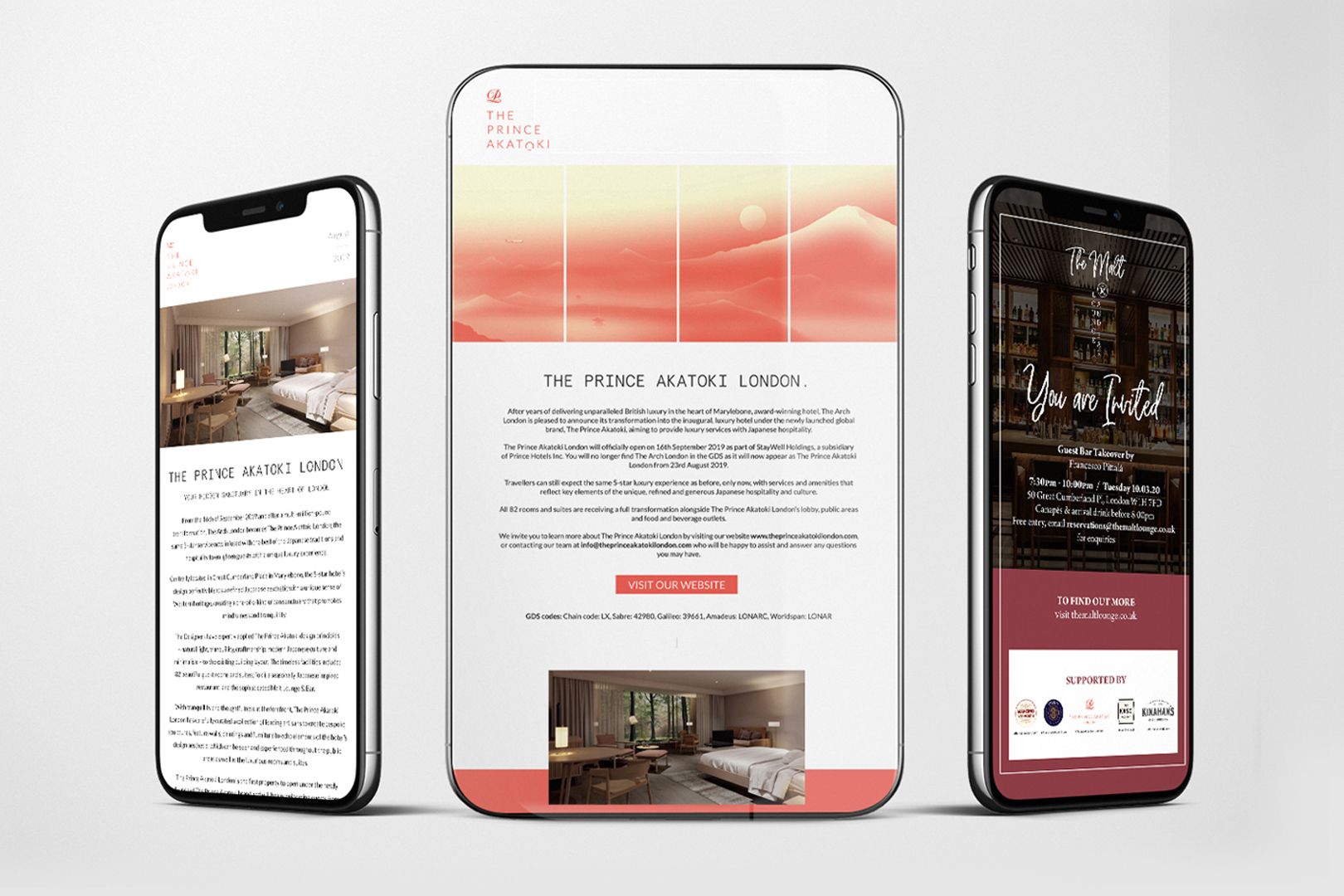 Three smartphones displaying hotel website. Center phone shows sunset-themed homepage with call to action.