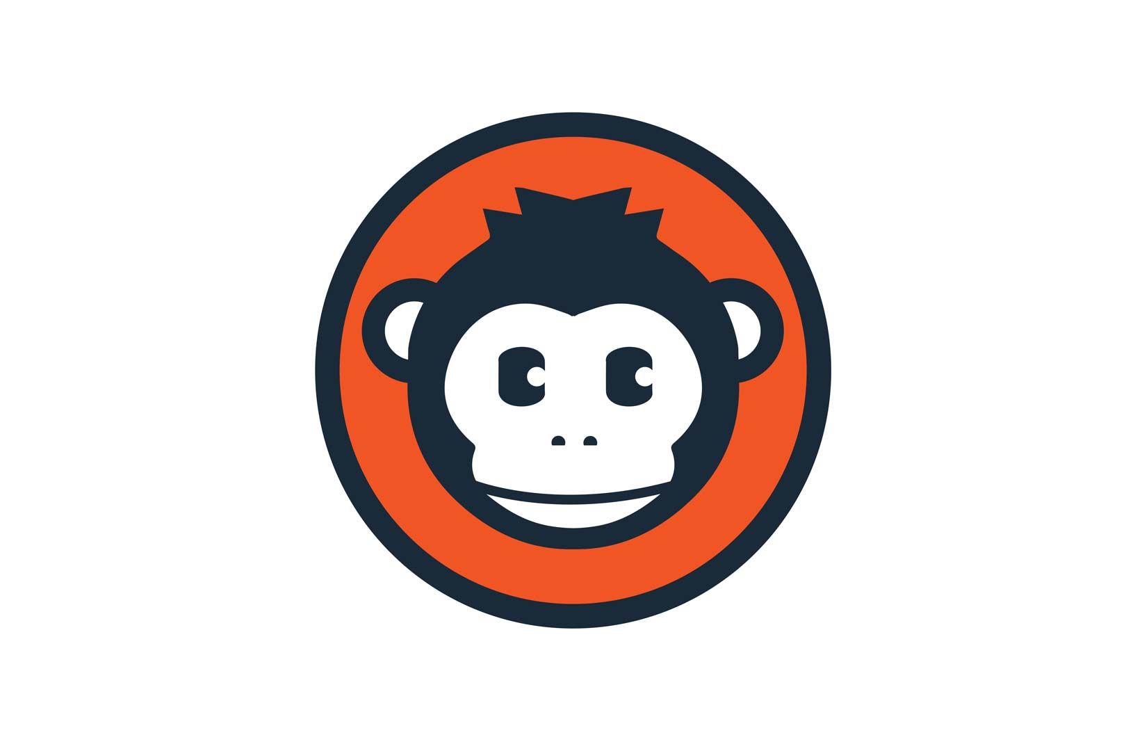 Monkey face in white, within a dark orange circle and a blue outline.