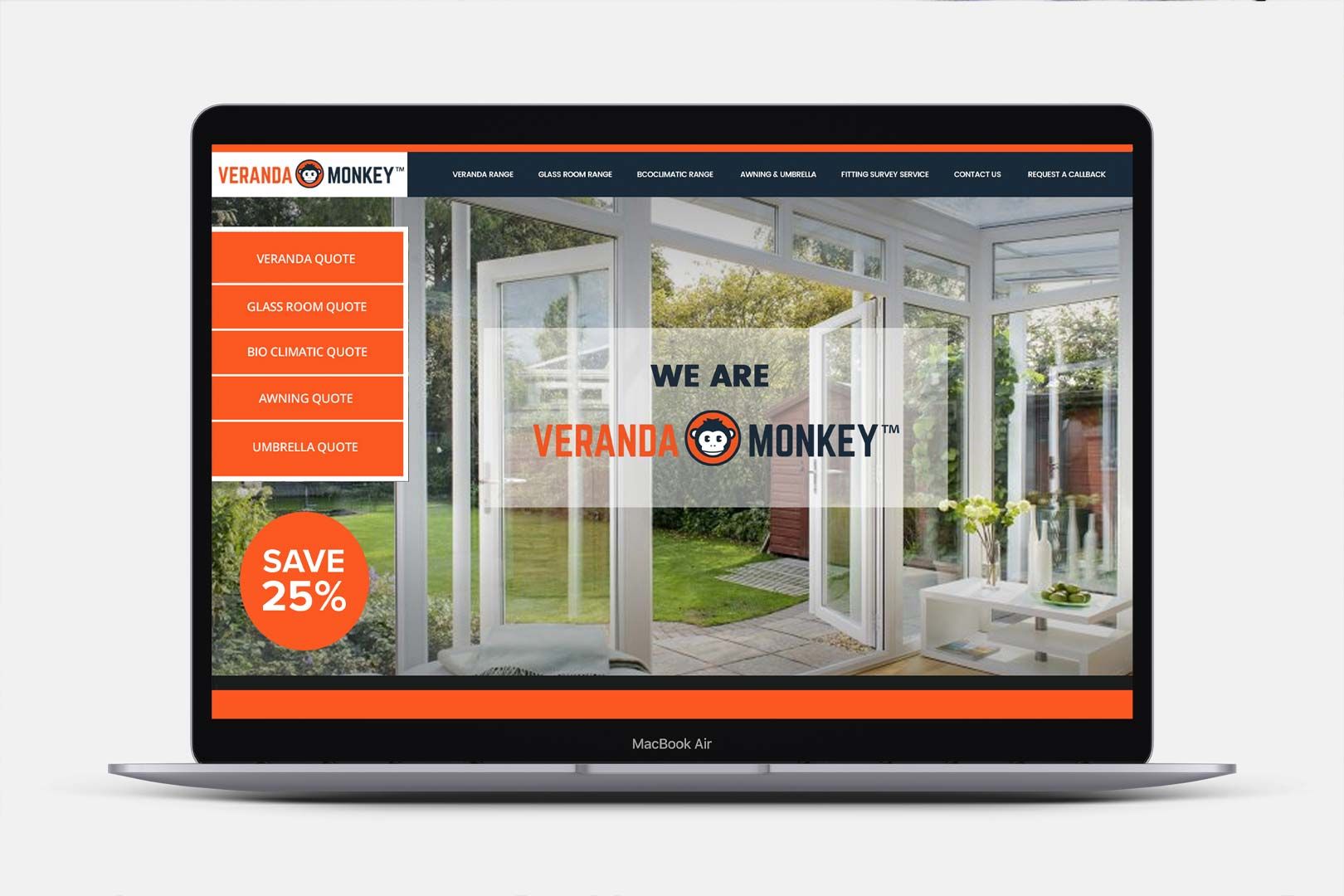 Laptop displaying the Veranda Monkey website, featuring a glass-enclosed outdoor space and orange design elements.