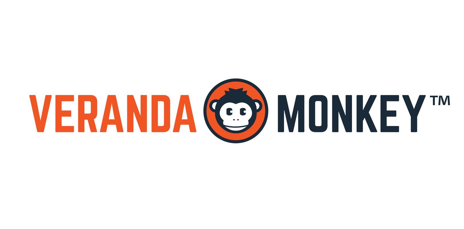 Logo for Veranda Monkey, orange text, with monkey icon in a circle, and dark blue text.