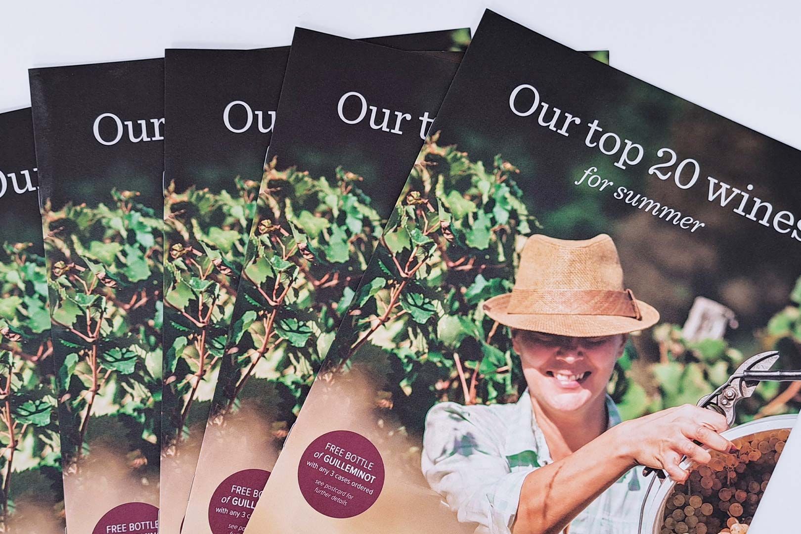 Pile of brochures: woman in hat holding grapes, vineyard background; 