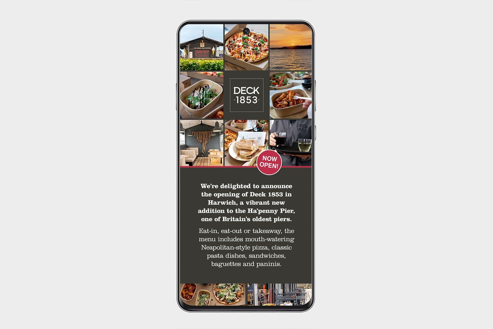 Smartphone screen displaying pizza photos and text for a restaurant, featuring diverse dishes and a rustic aesthetic.