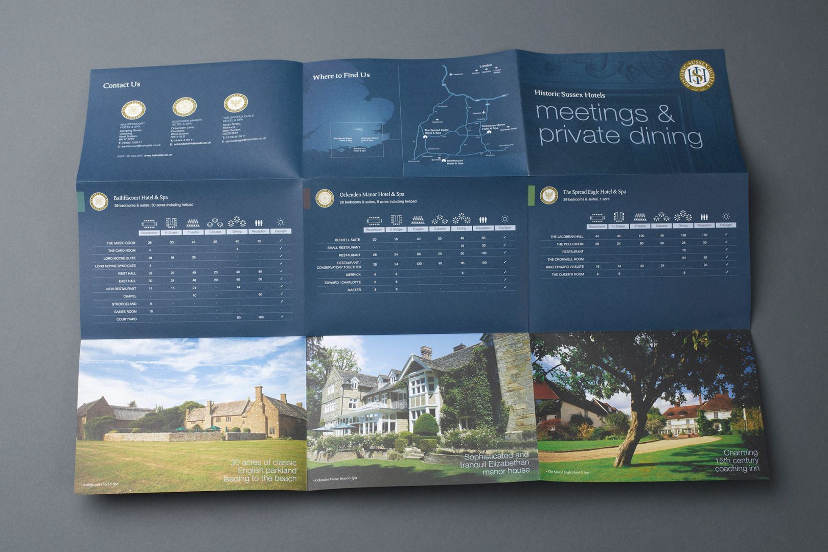 Brochure unfolded, showing photos of buildings and informational text on a blue background.