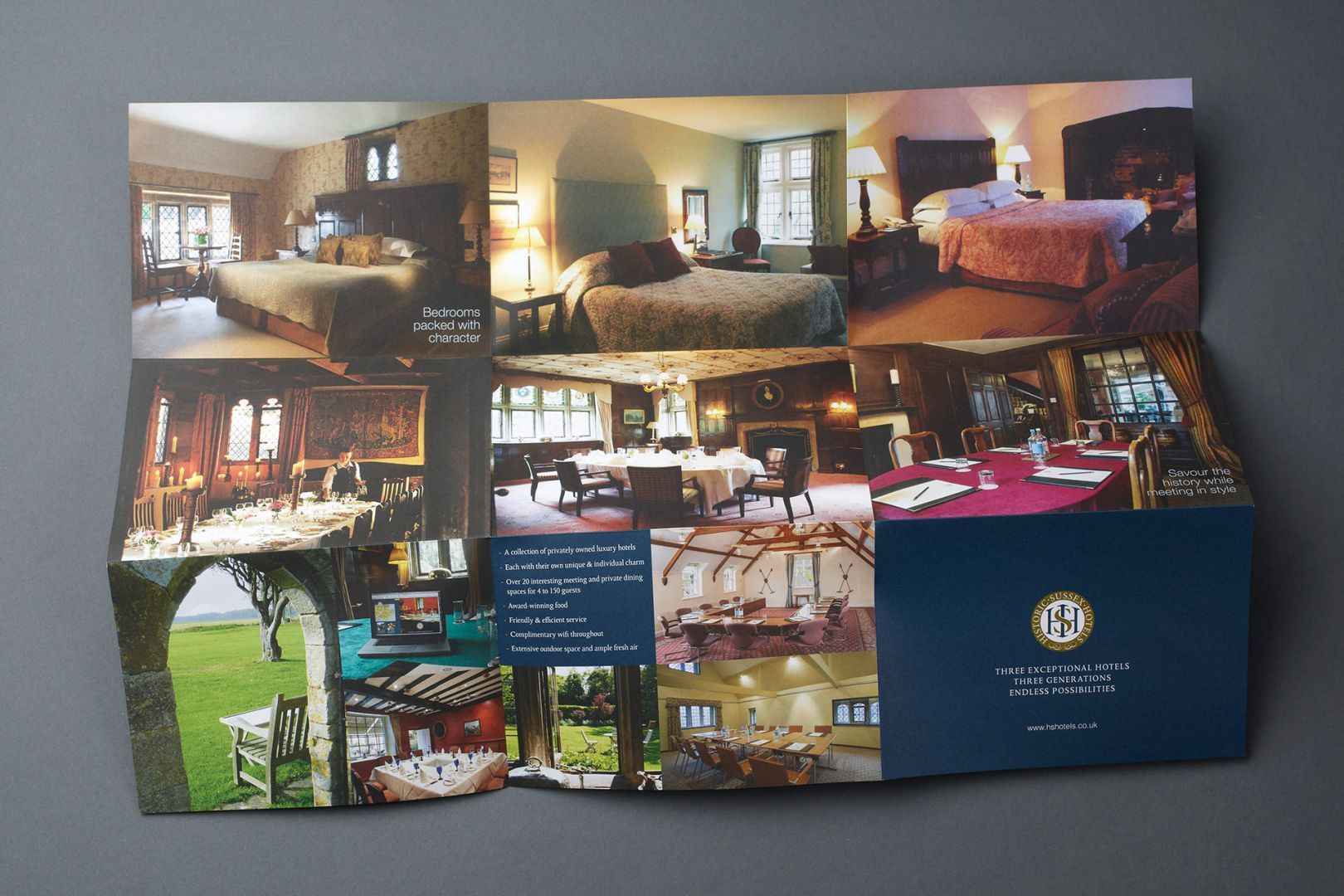 Brochure with hotel interior and exterior photos, featuring rooms, dining areas, and outdoor spaces.