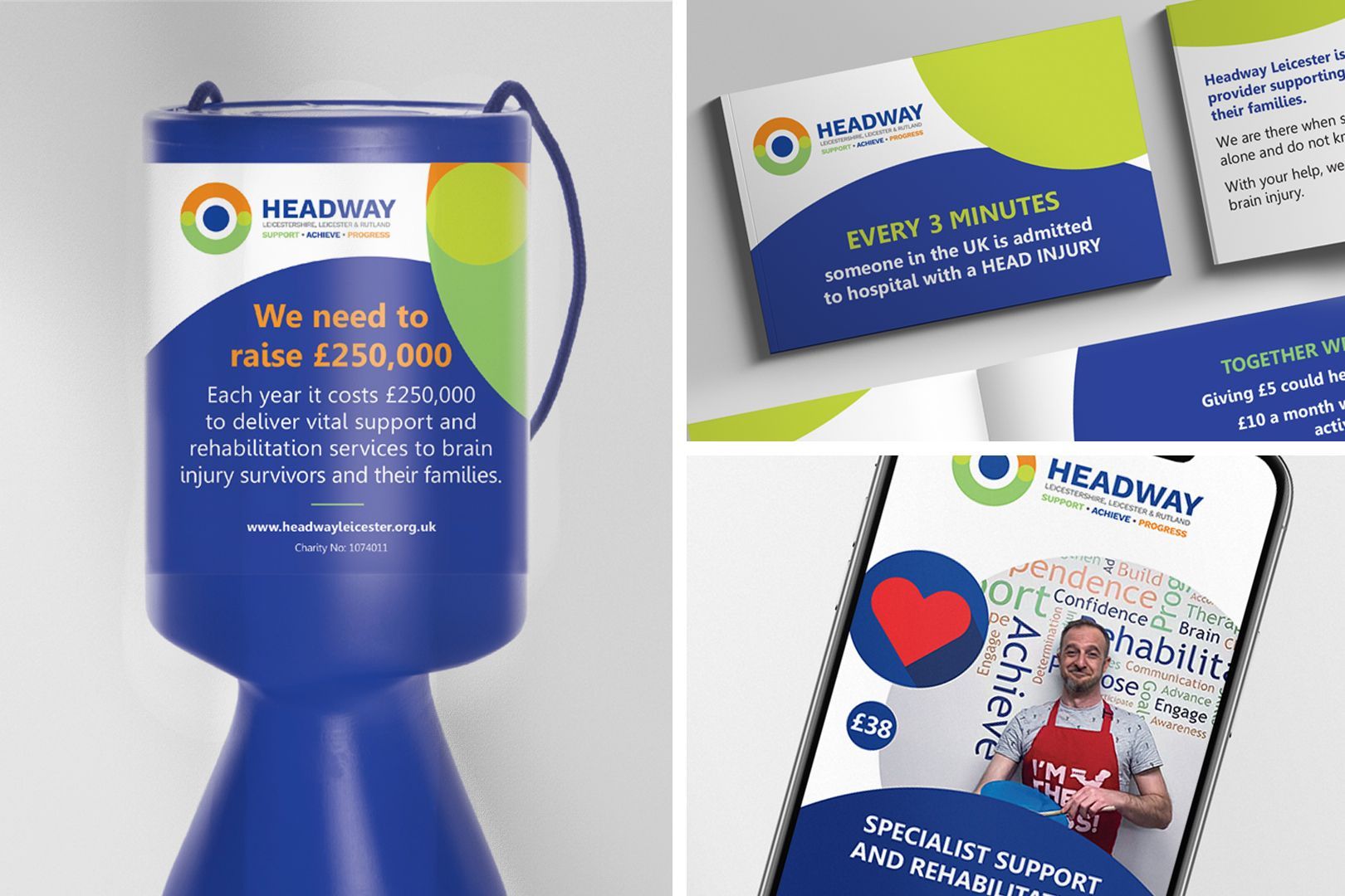 Charity collection box and promotional materials for Headway, a brain injury charity. Blue, white, and green color scheme.