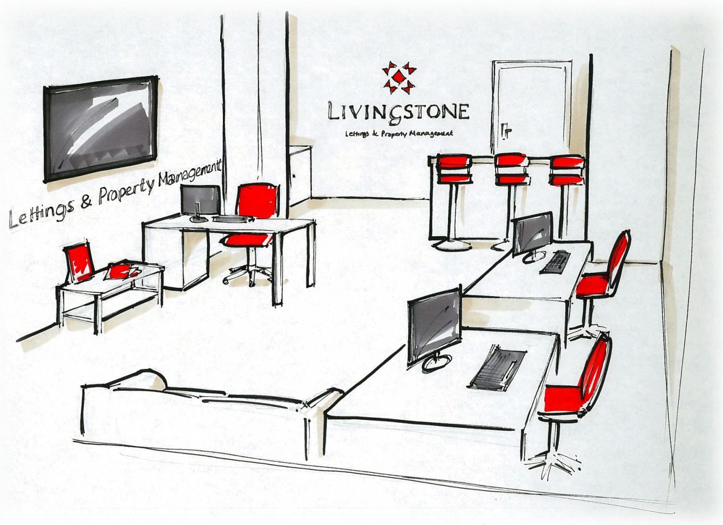 Sketch of an office interior with desks, red chairs, and a bar area; 