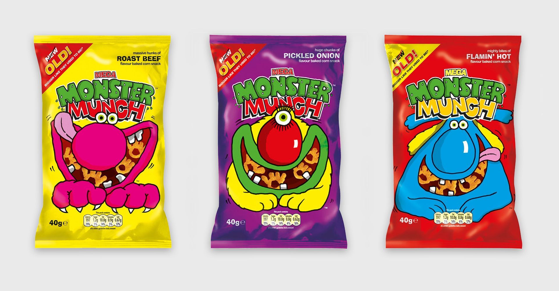 Three bags of Monster Munch crisps with monster characters on them.