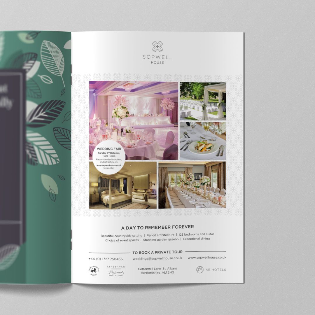 Brochure spread: venue photos. Decorated rooms, outdoor dining, bedrooms, and a long dining table.