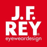 Het logo voor jf rey eyewear design staat op een rode achtergrond.
