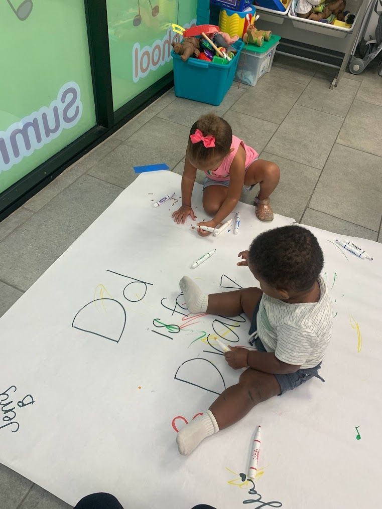 Two children are sitting on the floor drawing on a large piece of paper.