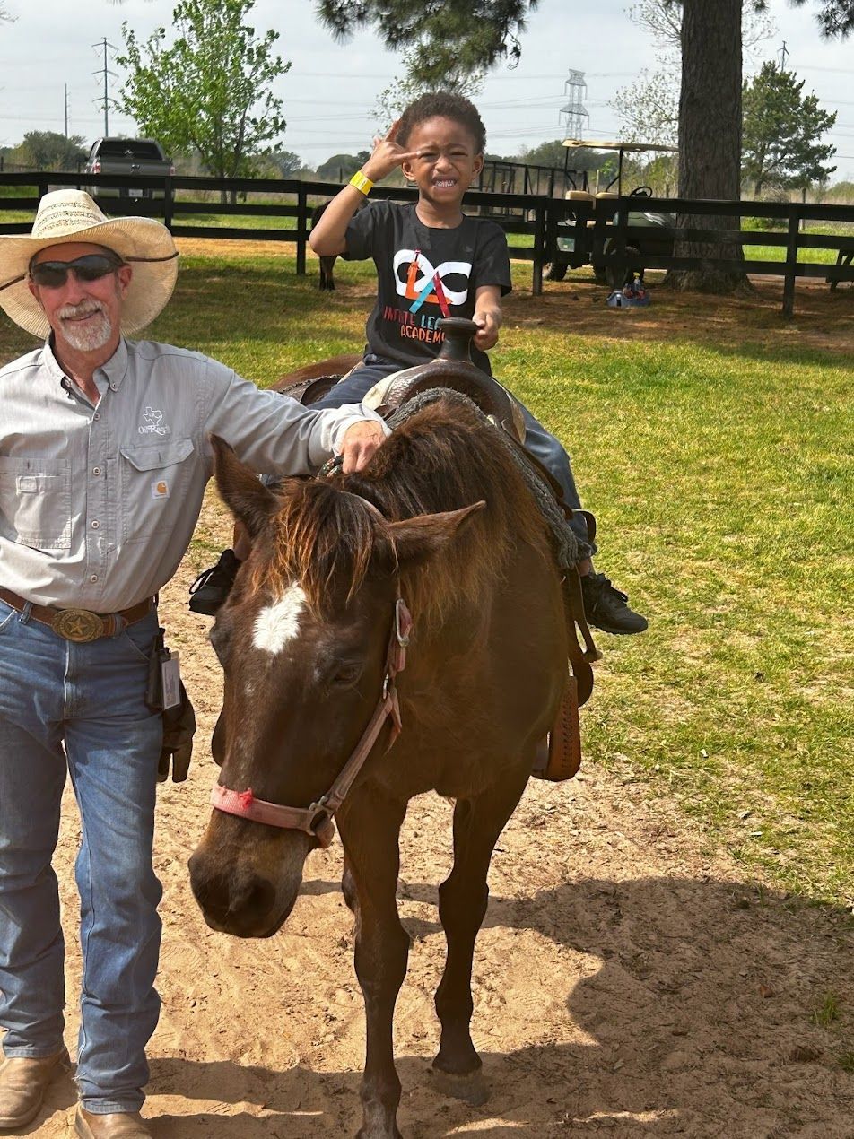 A young boy is riding on the back of a brown horse