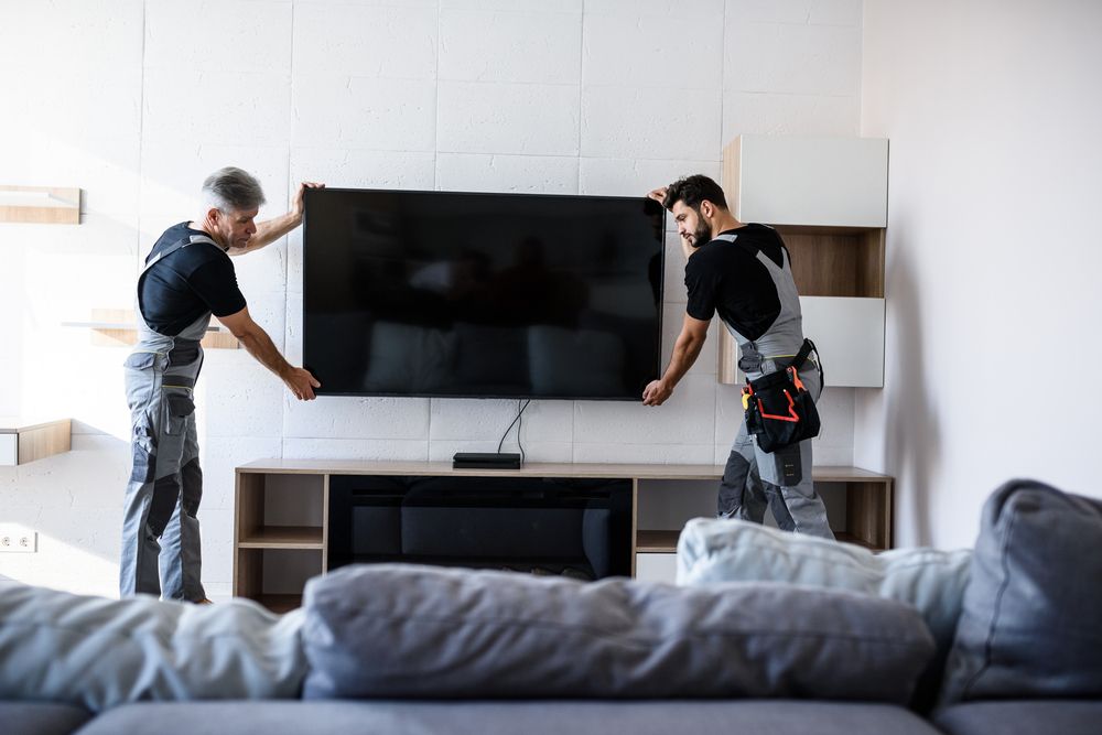 Two Men Are Installing a Flat Screen Tv in A Living Room  — A1 Antenna Doctor In Port Macquarie, NSW