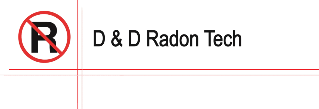 Logo for D & D Radon: text over an abstract, colorful background; contact phone number.