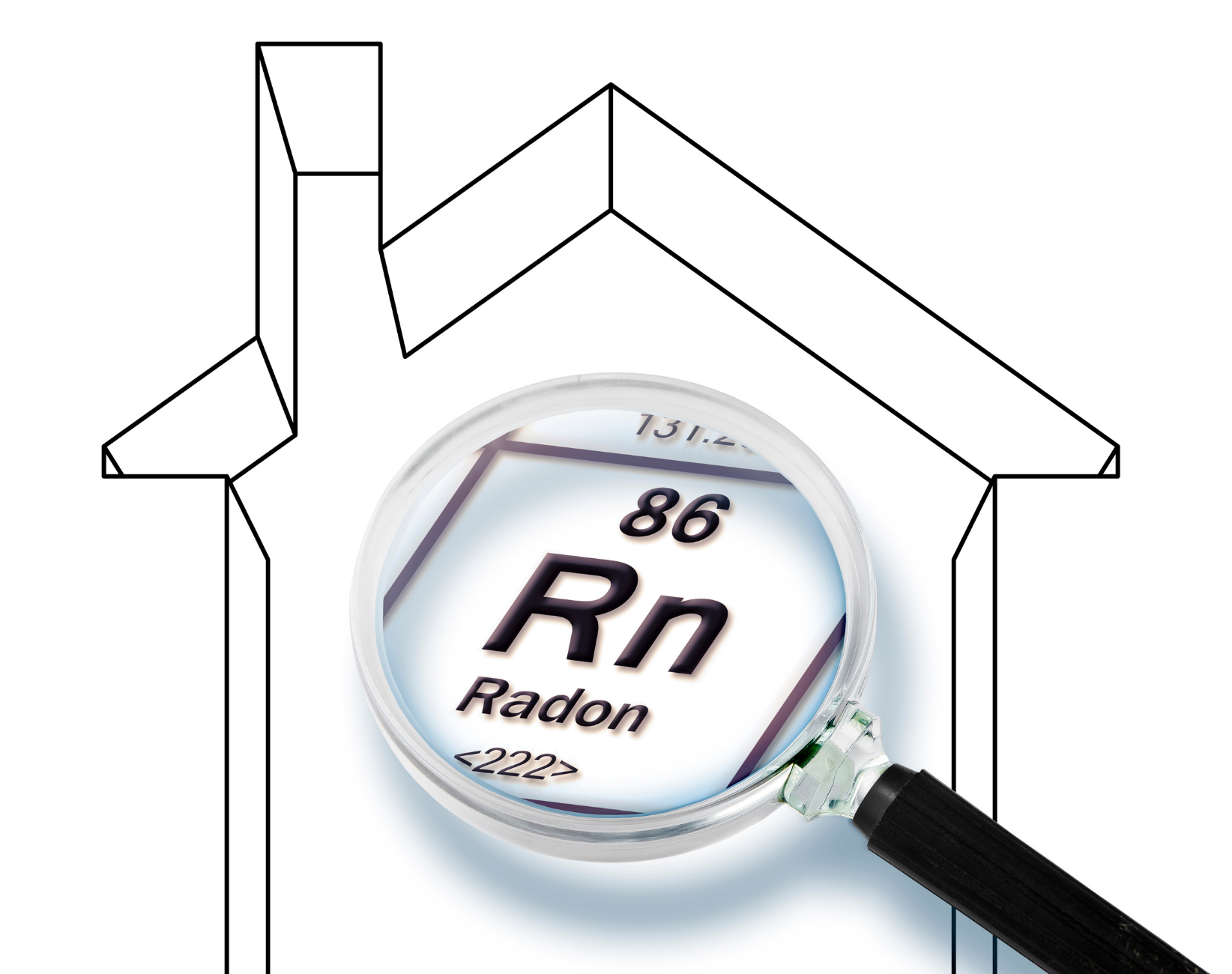Outline of a house with a magnifying glass focusing on the Radon element symbol.