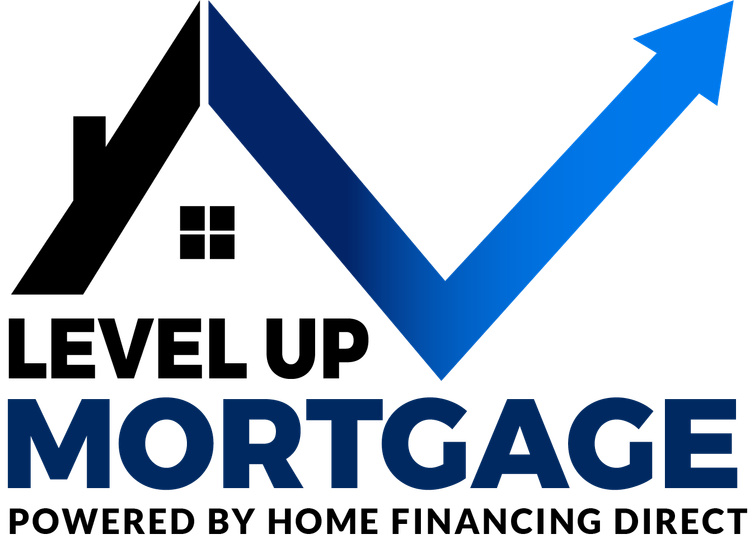 Logo for Level Up Mortgage, featuring a house outline and an upward-pointing blue arrow.