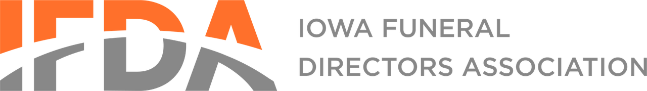 Logo of the Iowa Funeral Directors Association, featuring stylized gray and orange text.
