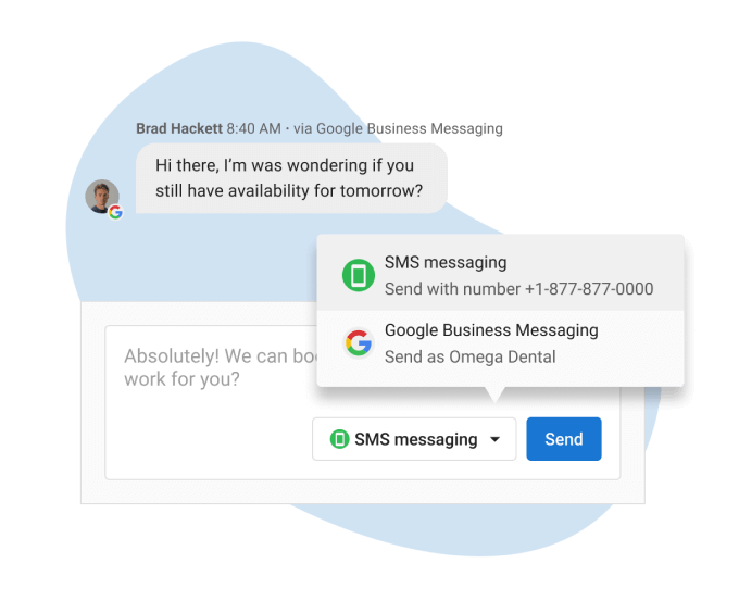 A screenshot of a google business messaging app.