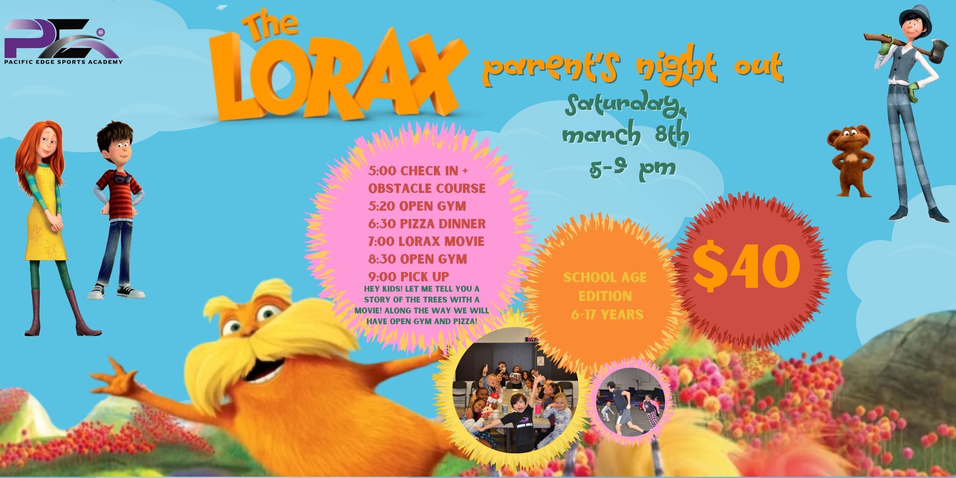 Parent's Night Out and Kid's Night In at Pacific Edge Sports Academy Flyer