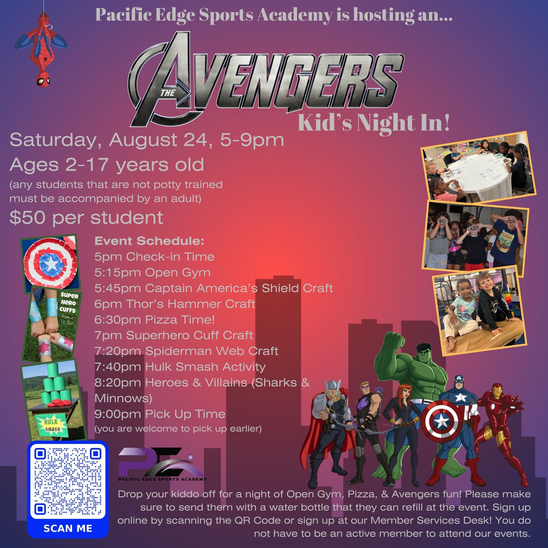 Kid's Night In - July 24, 2024 Event at Pacific Edge Sports Academy Flyer - Come Join the FUN!