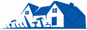 Blue stylized houses with workers using tools, suggesting home construction or renovation