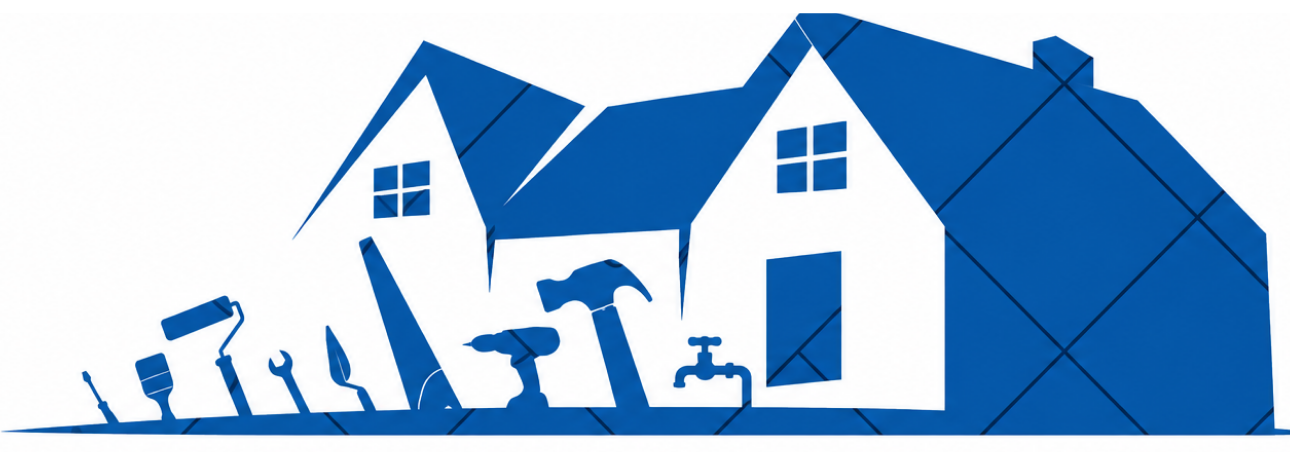 Blue stylized houses with workers using tools, suggesting home construction or renovation