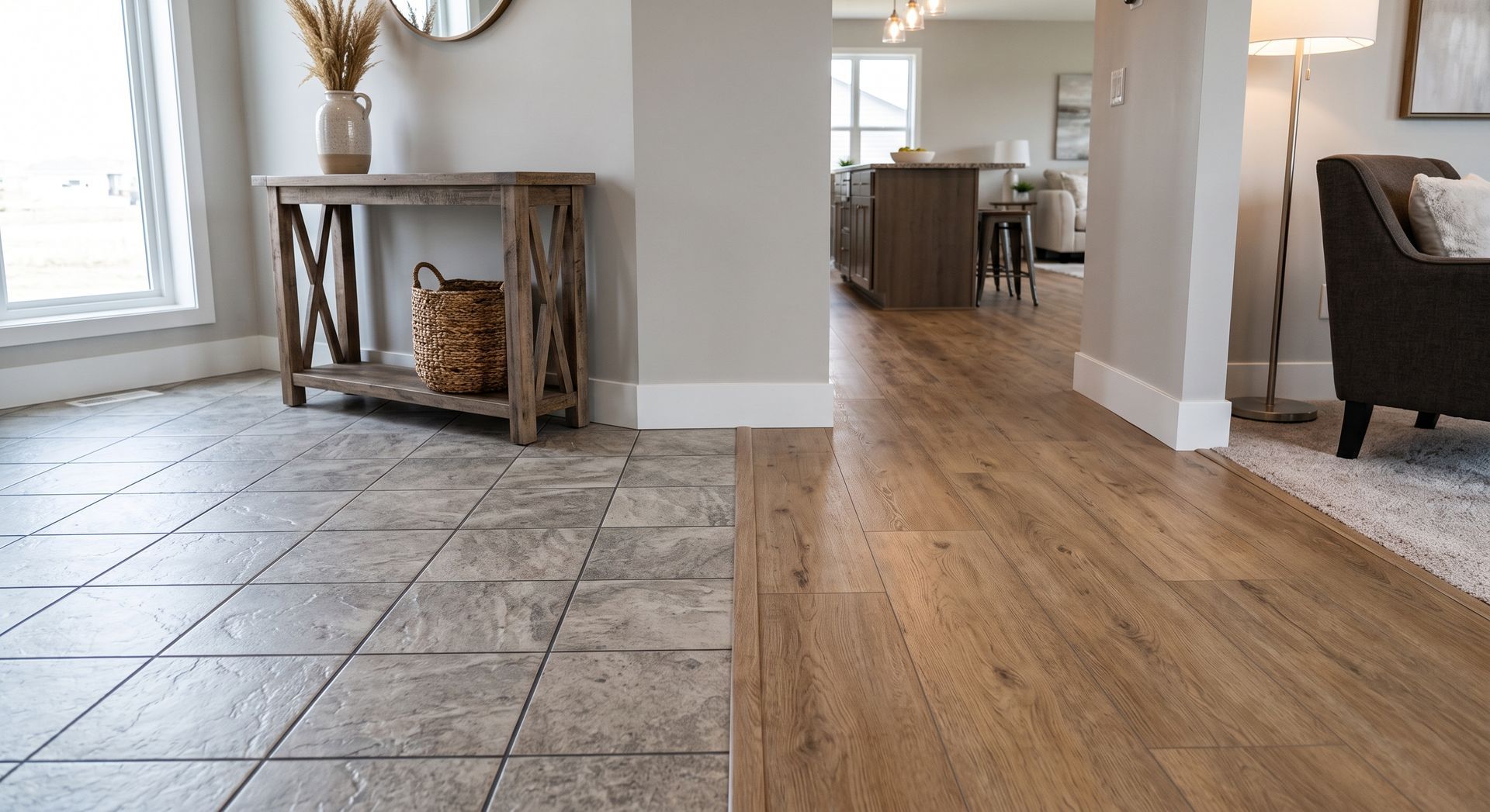 Living room with tiled floor, wood flooring, and a console table by bright windows