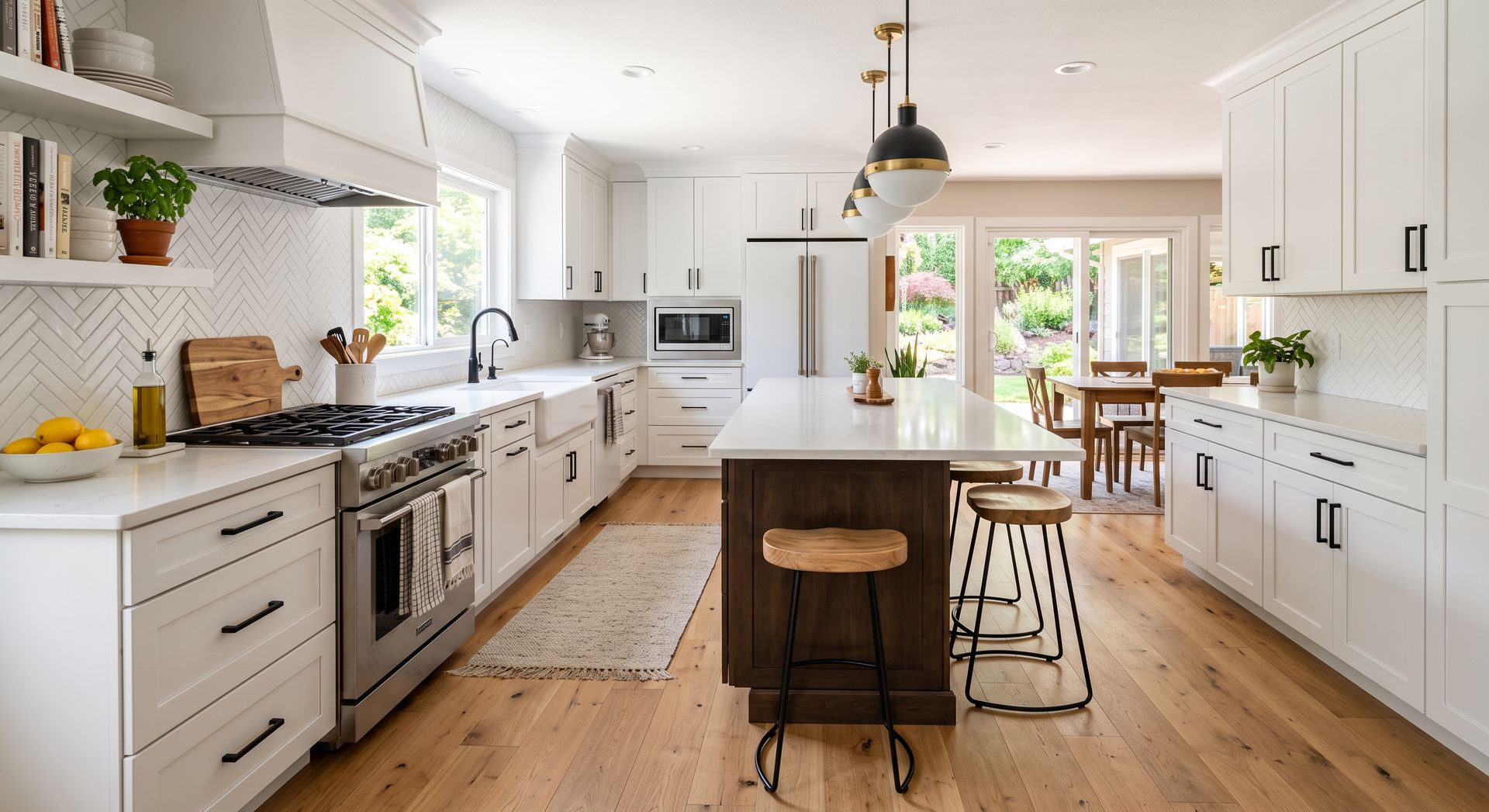 Bright white modern kitchen with island, wood floors, and dining area by large windows.