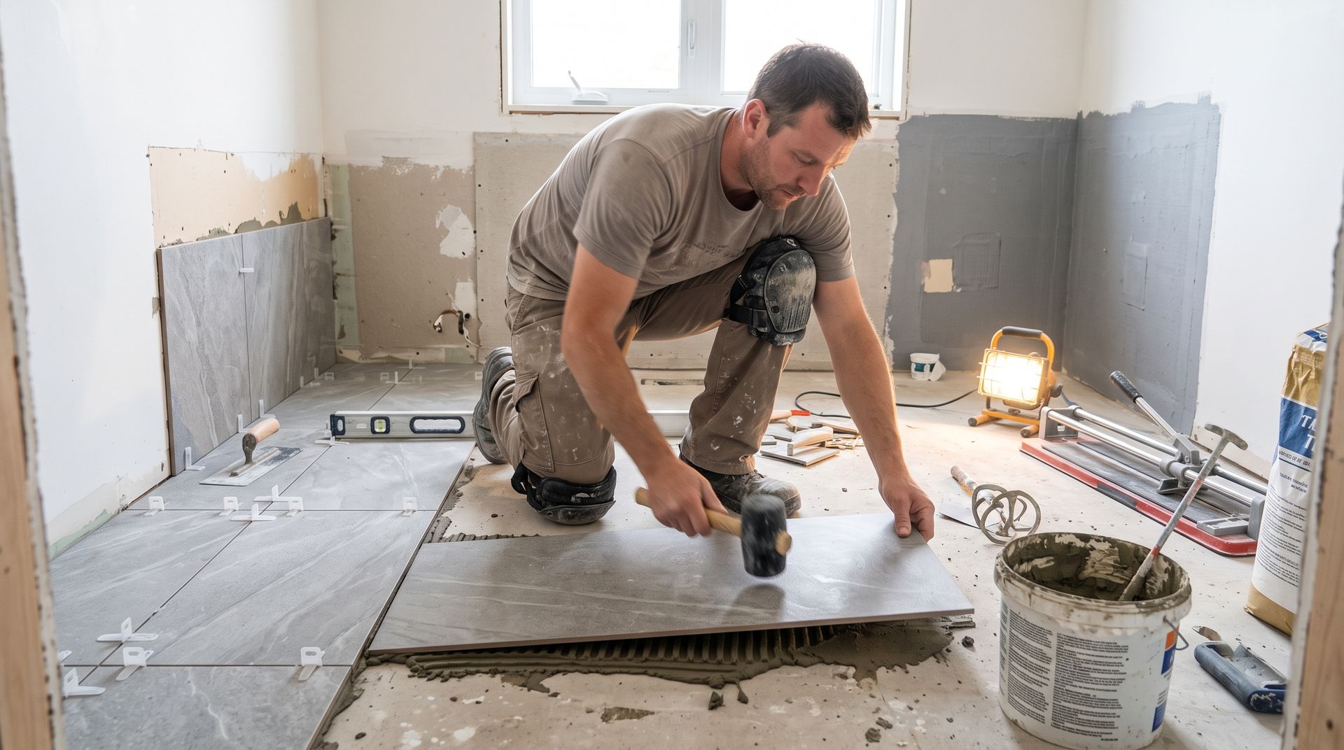 Worker installing floor tiles in a room under renovation, kneeling with tools and tile spacers.