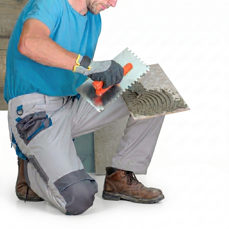 Worker kneeling, applying gray mortar with a trowel and holding a notched trowel with mortar mix.