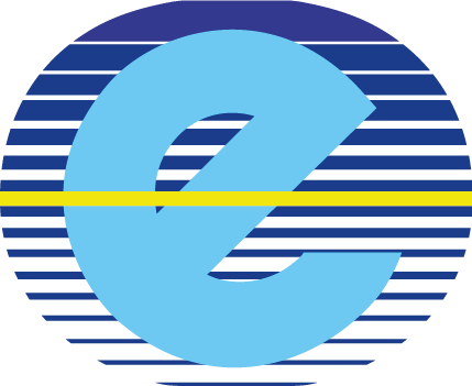 A blue and white striped circle with the letter e in the center
