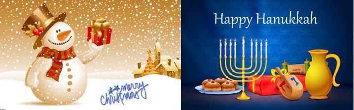 A picture of a snowman next to a picture of a menorah