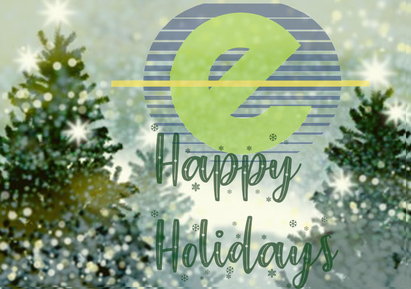 A christmas card that says happy holidays with trees in the background