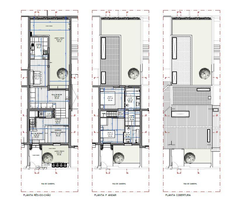Três desenhos de um edifício com a palavra planta na parte inferior