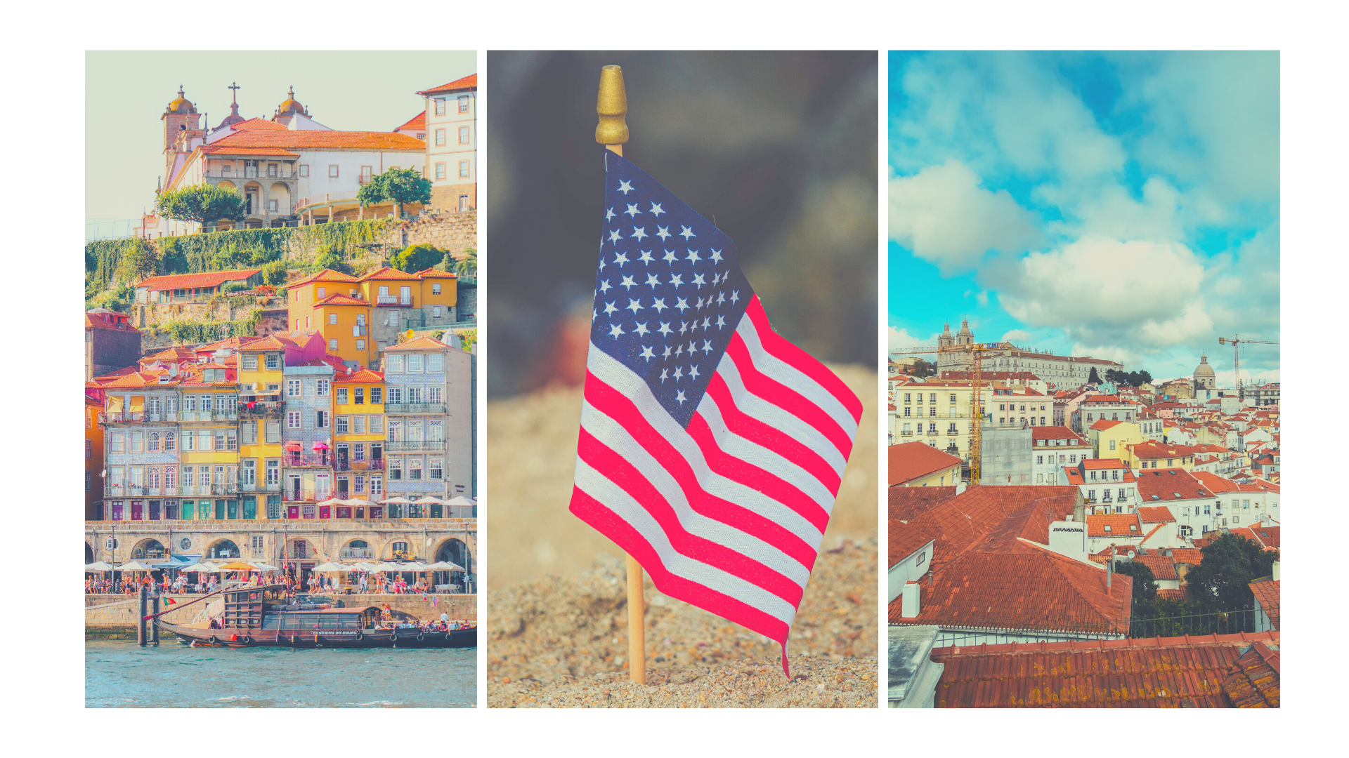 Uma colagem de três fotos de uma cidade e uma bandeira americana.
