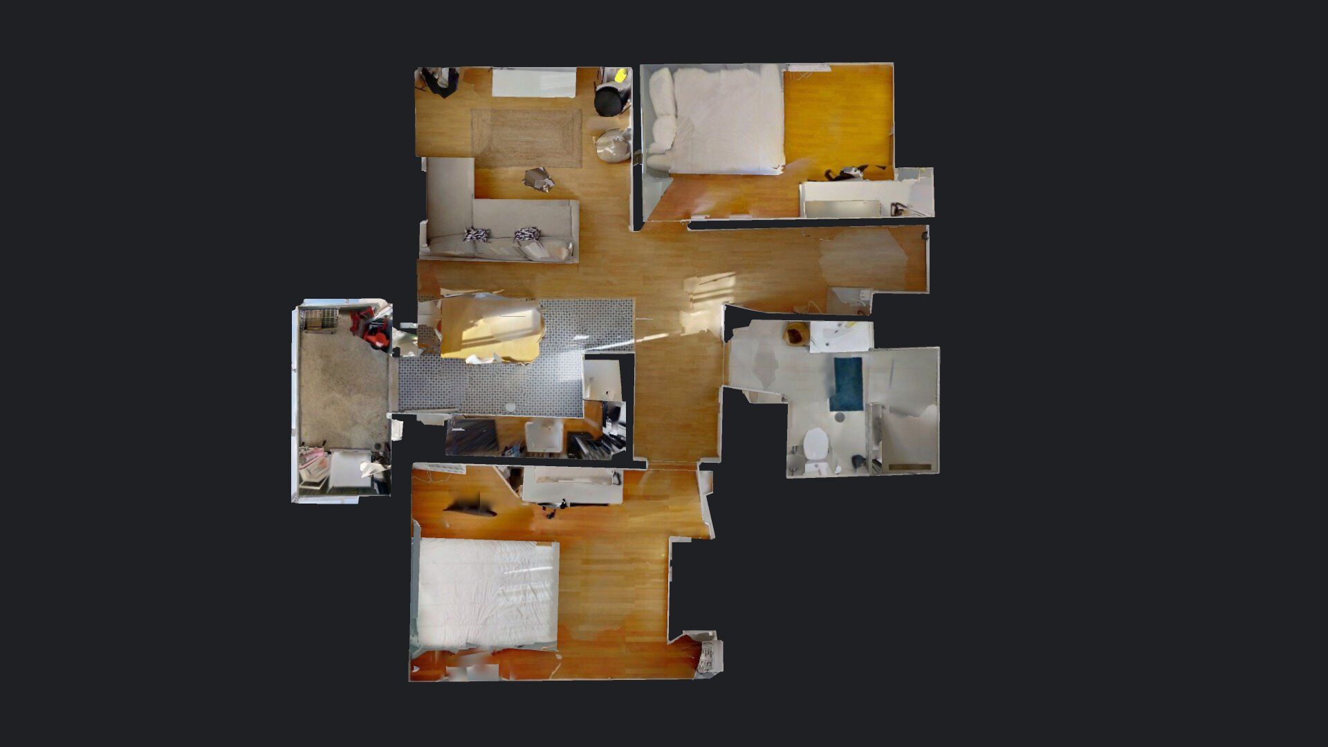 Uma vista aérea de uma planta baixa 3D de uma casa.
